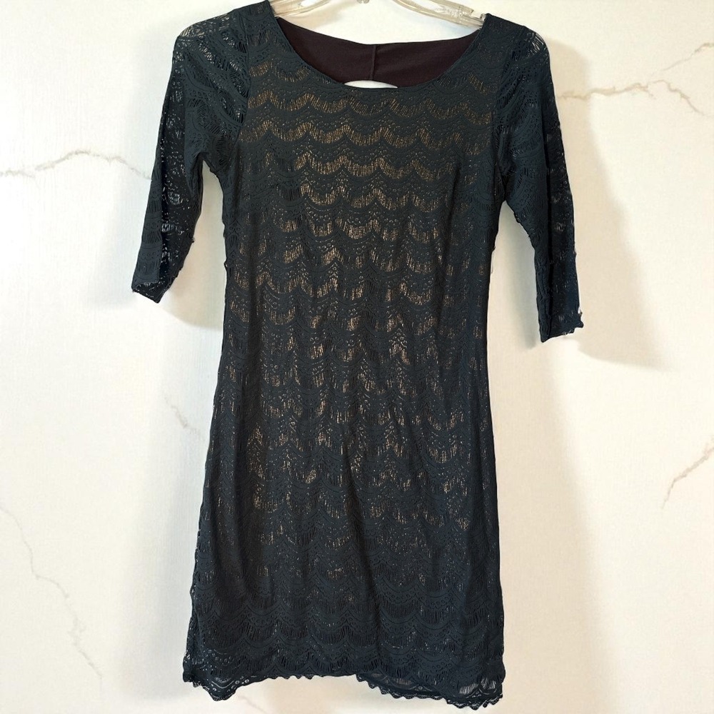 Free People Womens Lace Dress Open Back 3/4 Sleeve Bronze Green Emerald